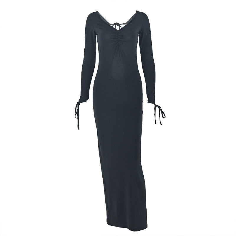Solid Color Slim Fit Women Elegant Socialite Hip Lace up Solid Color Long Sleeve Waist Tight Dress