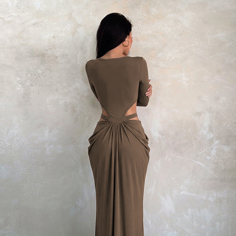 Sexy Waist Hollowed Evening Dress Slim Fit Slimming Long Sleeves Party Gathering Dress