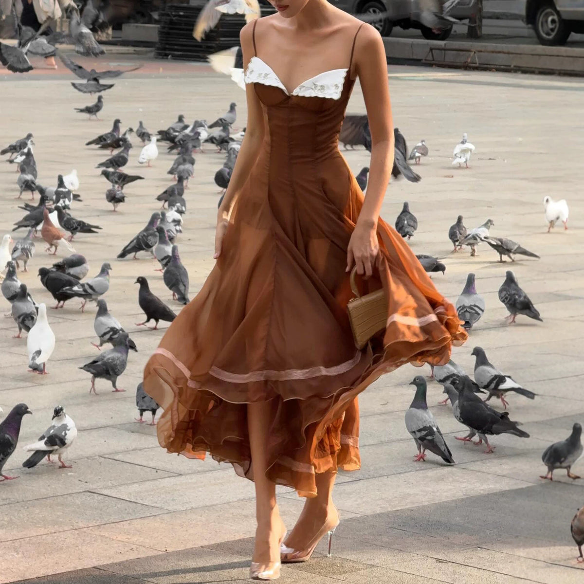 Contrast Color Lace Sling Dress Maillard Waist Controlled Large Hem Elegant Atmosphere Long Formal Dress