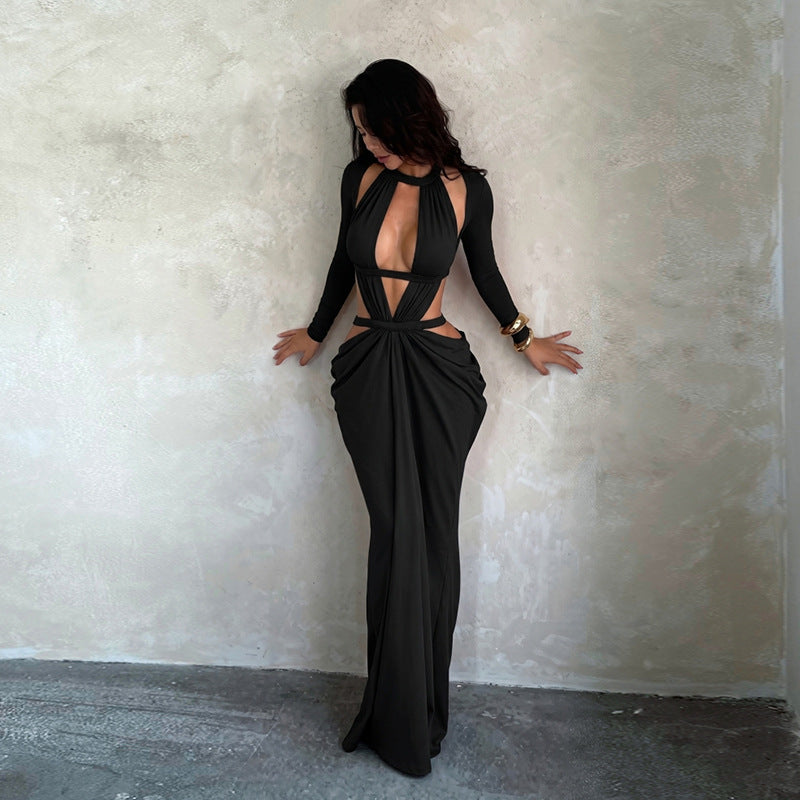 Women Clothing Hollowed out Backless Dress Cocktail Party Elegant Black Mop Dress