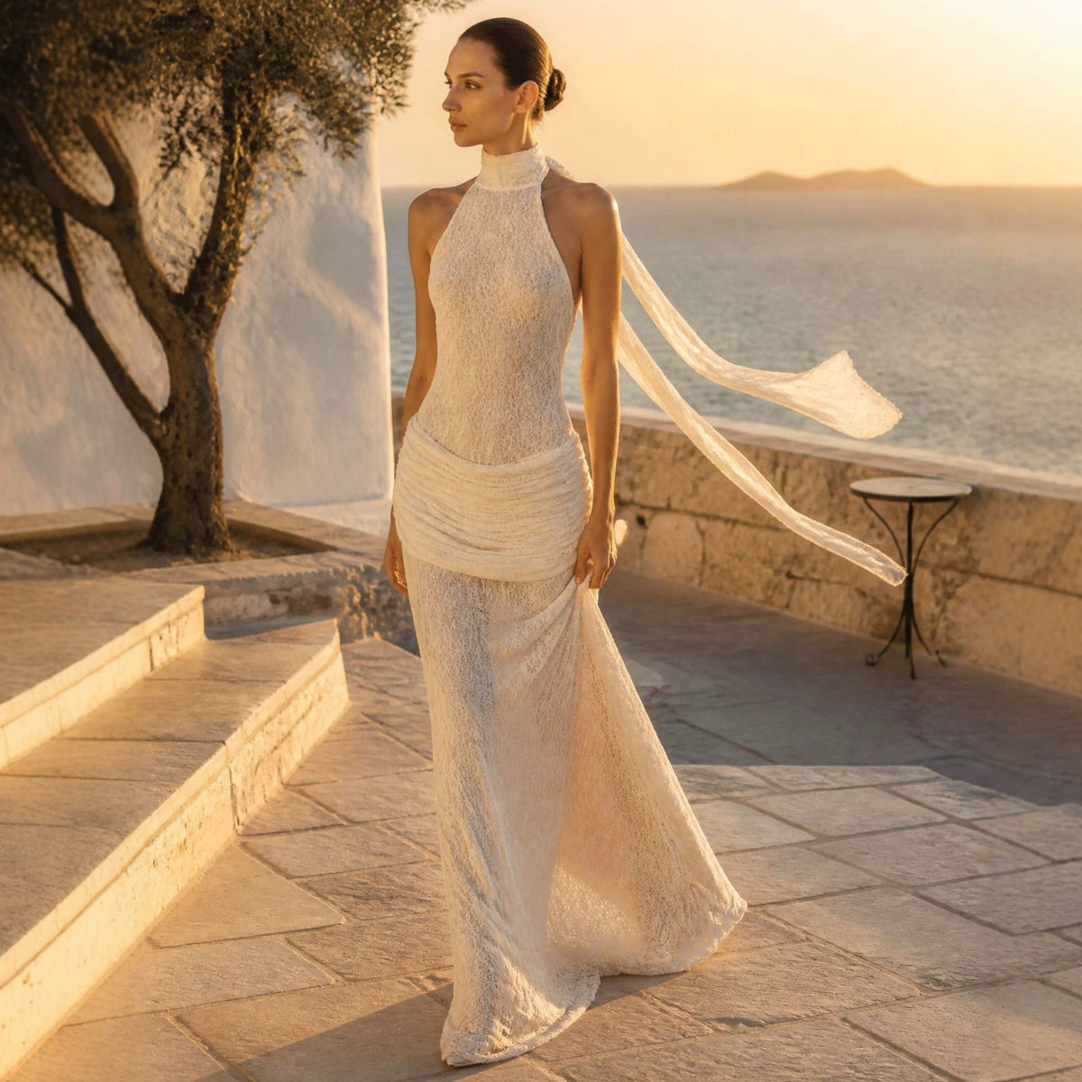 High Grade Halter Ribbon Evening Dress Bare Back Slimming Shaping Pleated Embellished Fishtail Mop Dress