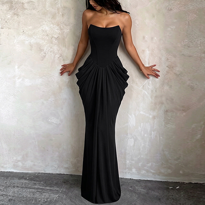 Tube Top Pleated Fishtail Gown Slim Fit Sheath Long the Dinner Party Dress