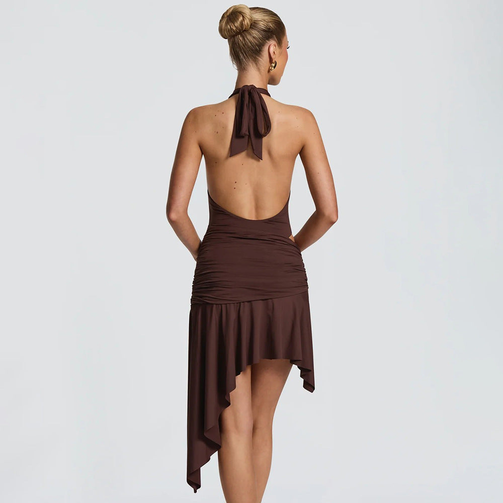 Women Clothing Holiday Seaside Sexy Girl Cropped Outfit Twist Design Deep V Plunge neck Halter Backless Hip Skirt