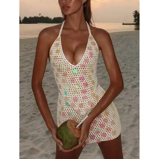 Suspender Sequined Hollow Out Cutout Top Sheath Sexy Short Skirt Beach Vacation Two Piece Sets