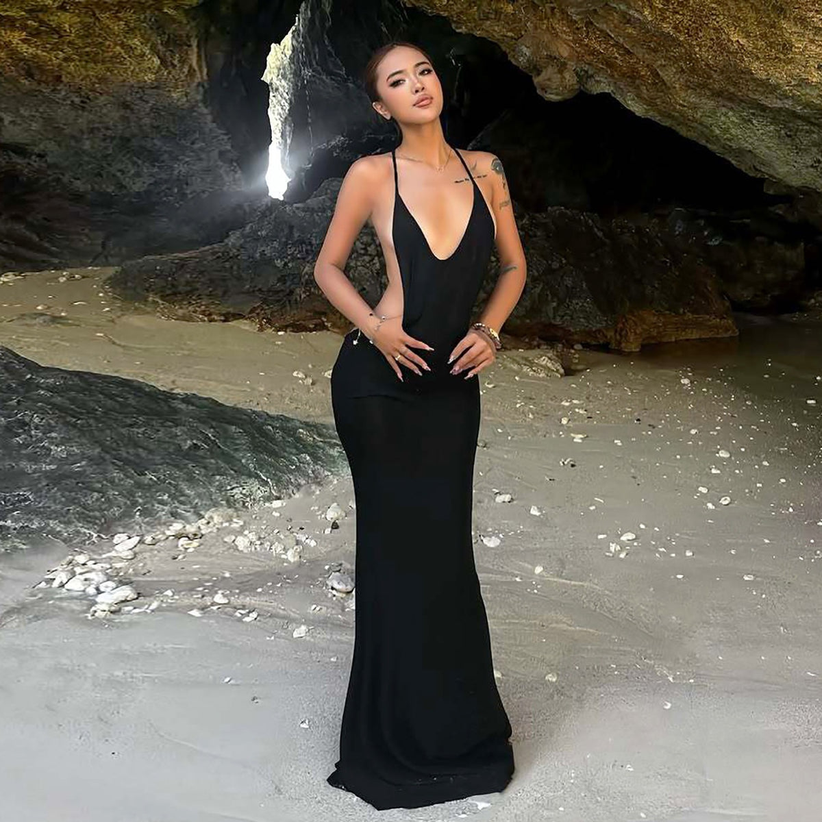 Fall Women Clothing Sexy Big Backless Sleeveless Halter Low Neck Slim Fit Sheath Dress Women