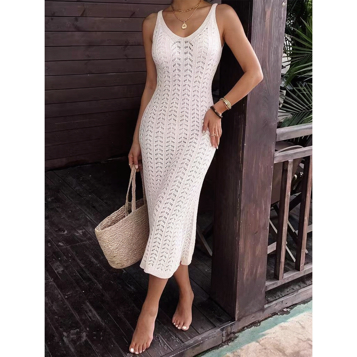 Vacation Sleeveless V neck Dress Solid Color Hollow Out Cutout Woven Side Slit Dress Beach Sun Shield Dress