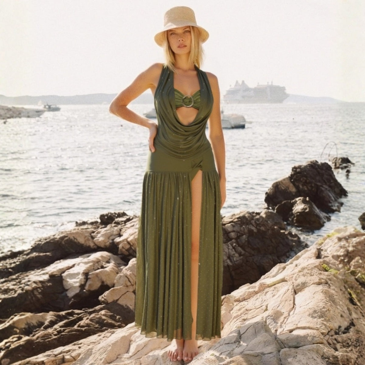 Bikini Army Green Halter Mesh Crystal Embellishment Split Swimsuit for Women