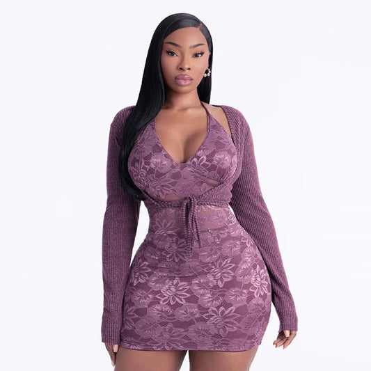 Women Clothing Autumn Winter Solid Color Sexy Long Sleeved Top Lace Halter Short Dress Two Piece Sets