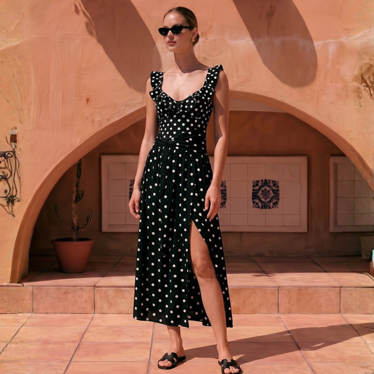 Swimwear Retro Dots Flounced One Piece Swimsuit Women Supply