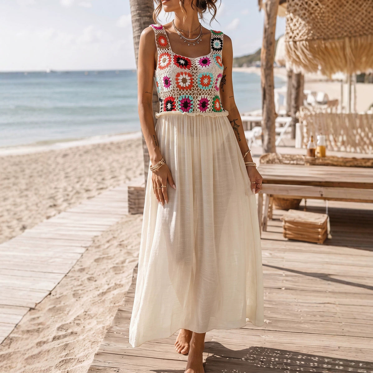 Women Clothing Vacation Beach Dress Bikini Wrap Random Mixed Color Hand Crocheting Stitching Dress