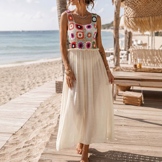Women Clothing Vacation Beach Dress Bikini Wrap Random Mixed Color Hand Crocheting Stitching Dress
