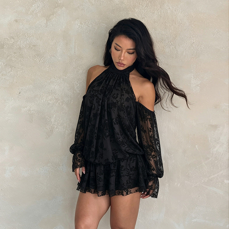 Halter Mini Flocking Tulle Sexy off Shoulder Dress for Women