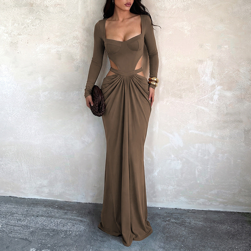 Sexy Waist Hollowed Evening Dress Slim Fit Slimming Long Sleeves Party Gathering Dress