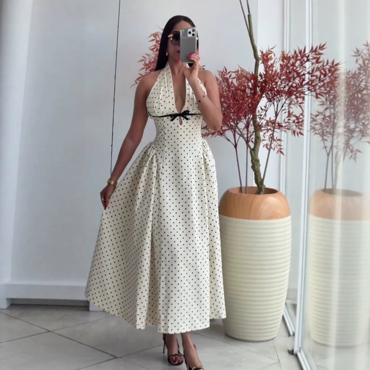 Women Wear Design Polka Dot V neck Bow Tie Waist Dress Maxi Dress for Women