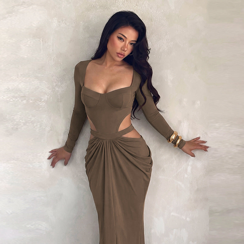 Sexy Waist Hollowed Evening Dress Slim Fit Slimming Long Sleeves Party Gathering Dress