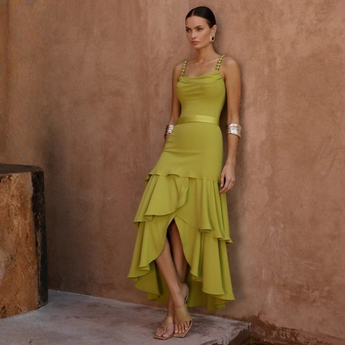 Swimwear Mustard Green Twist Strap Pleated One Piece Swimsuit Women