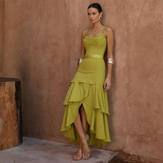 Swimwear Mustard Green Twist Strap Pleated One Piece Swimsuit Women