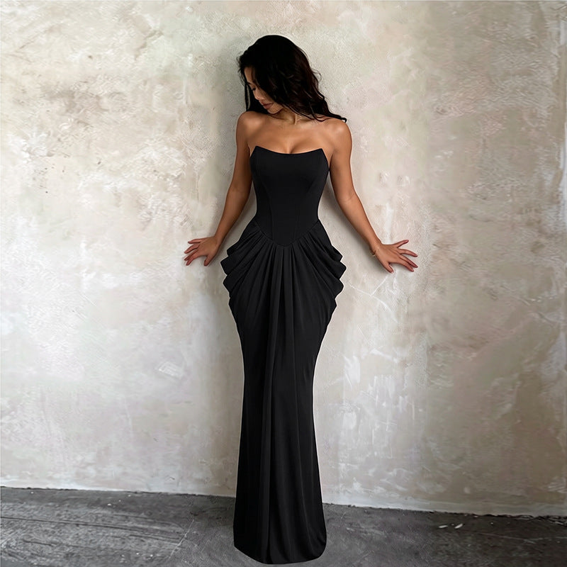 Tube Top Pleated Fishtail Gown Slim Fit Sheath Long the Dinner Party Dress