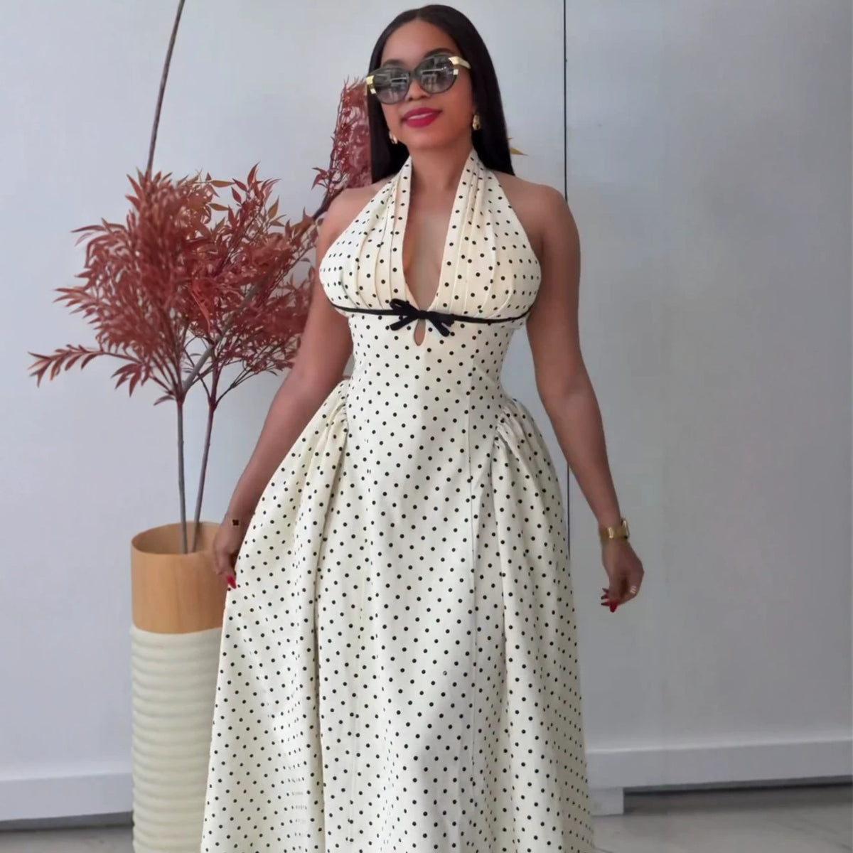 Women Wear Design Polka Dot V neck Bow Tie Waist Dress Maxi Dress for Women