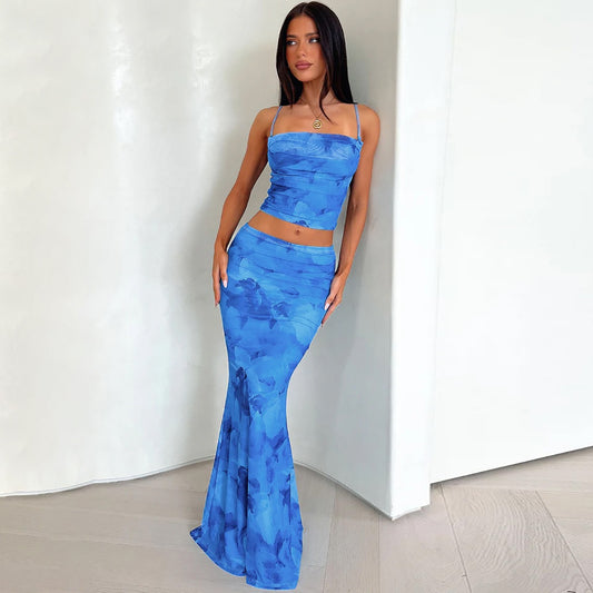 Women Niche Spaghetti Straps Cropped Crop Top Sheath Midi Skirt Two Piece Set