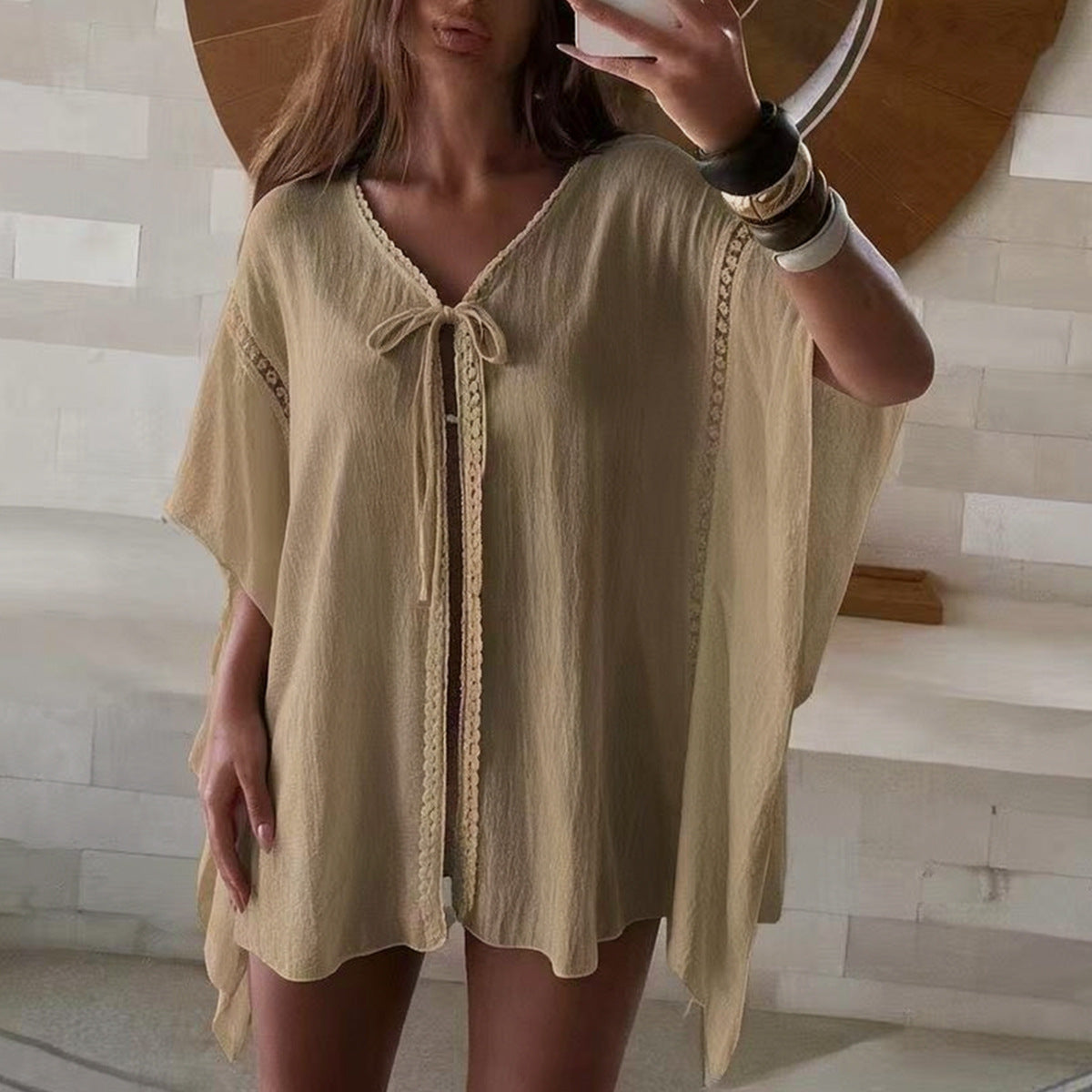 Woman Sun Protective Clothing Vacation Sexy Loose Lace Band Sun Protection Casual Short Hollow Out Cutout Cardigan