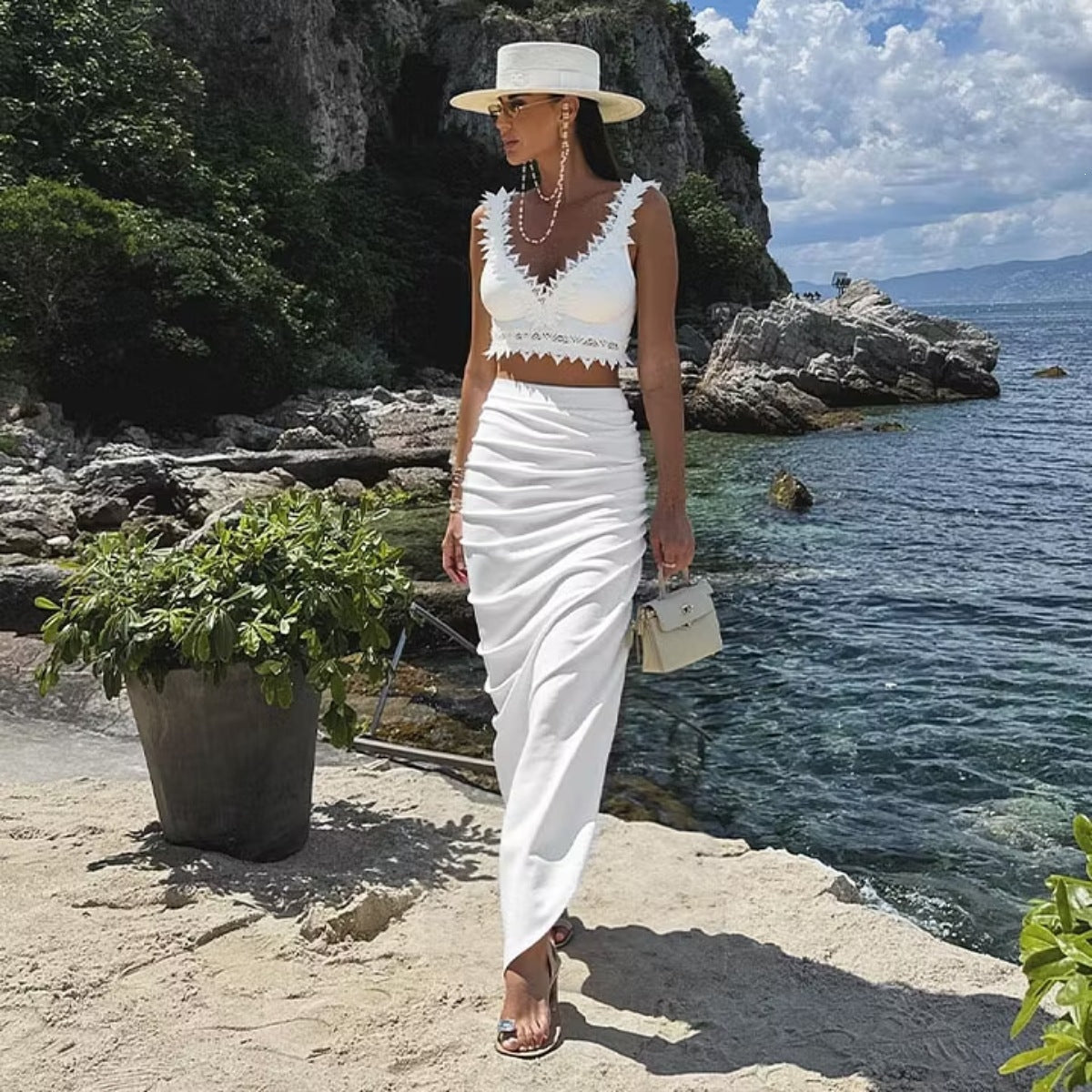 Bikini French White Lace Ruffled High Waist Split Swimsuit Women